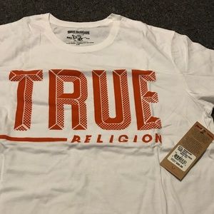 White shirt with orange logo